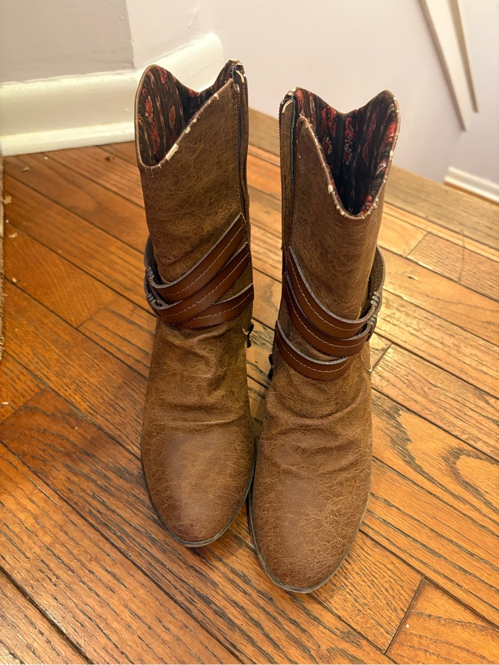 Women's Brown Mid-Calf Western Boot with Strap Detail
